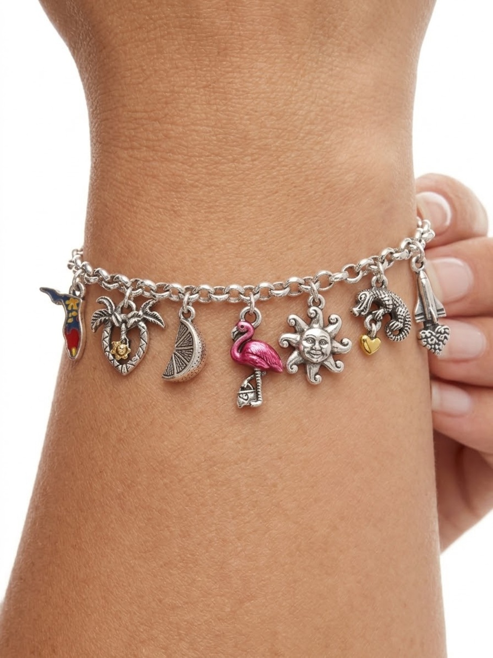 Brighton Silver Charm Bracelet with Pink Flamingo and Tropical Charms
